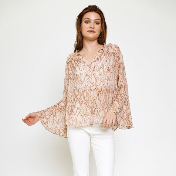 MYSTREE Neutral Snake Print Sheer Blouse, Lightweight Chiffon Button Down - Picture 3 of 8